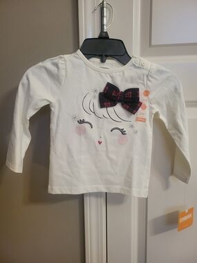 Gymboree White Long-Sleeve Top with Plaid Bow Face Graphic Size 18-24 MO